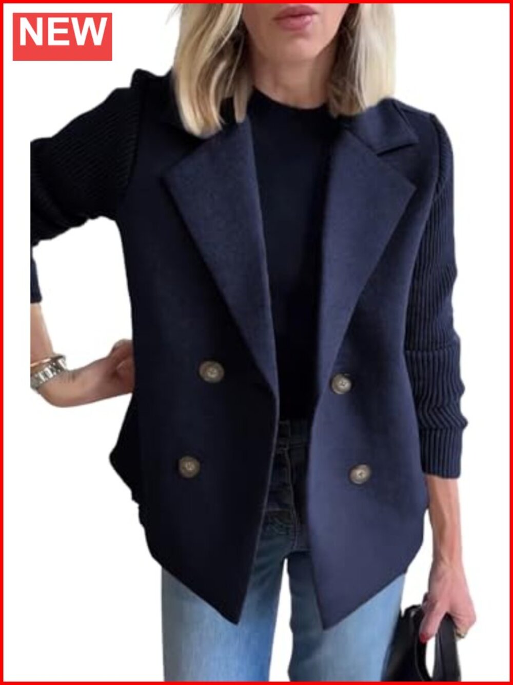 Double Breasted Wool Pea Coat Notched Lapel Ribbed Knit Sleeve Jacket